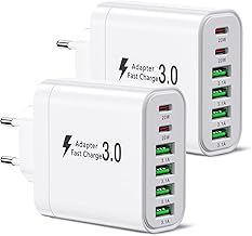 [Pack of 2] USB C Charger, Multi Port Charging Plug, 52W 6-Port Charging Block, Dual PD Fast Charger, USB C Wall Charger C-Type Plug, Adapter Compatible with iPhone 12/13/14/15/Samsung S24/S23/S22