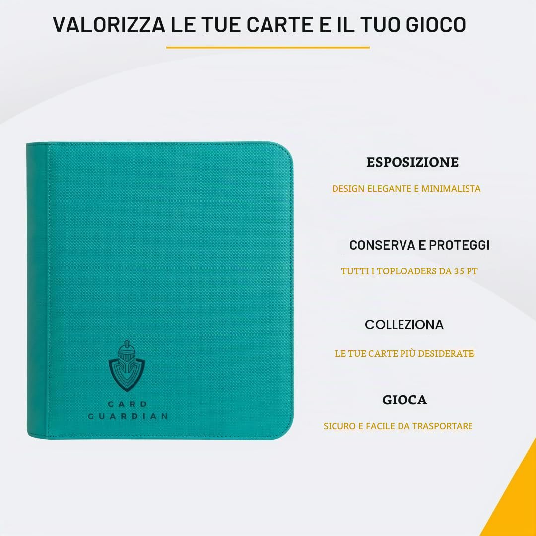 Card Guardian - Raccoglitore Premium con 4 Tasche e Cerniera per 160 Carte - Tasche con Caricamento Laterale - Compatibile con Carte Sportive e di Collezione TCG (Teal)