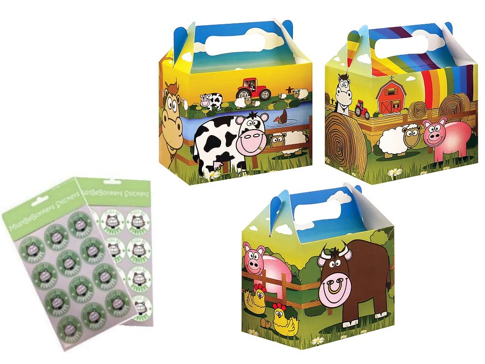 MustBeBonkers Farm Animals H/B Birthday Party Food Boxes - Childrens Birthday Party Picnic Loot Bag Plate Box Sticker Seals (20 Boxes)