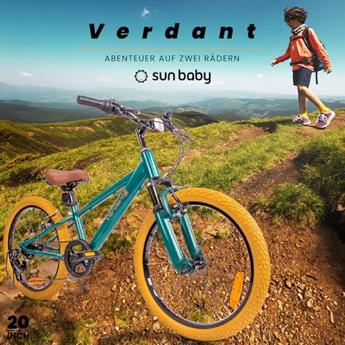 sun baby Jungenfahhrad 20 Zoll Verdant Jungen Bike Leicht Radgröße zur Auswahl 6 Gang Shimano Kinderfahrrad von 6 bis 10 Jahre verstellbare (Grün mit Stoßdämpfer)