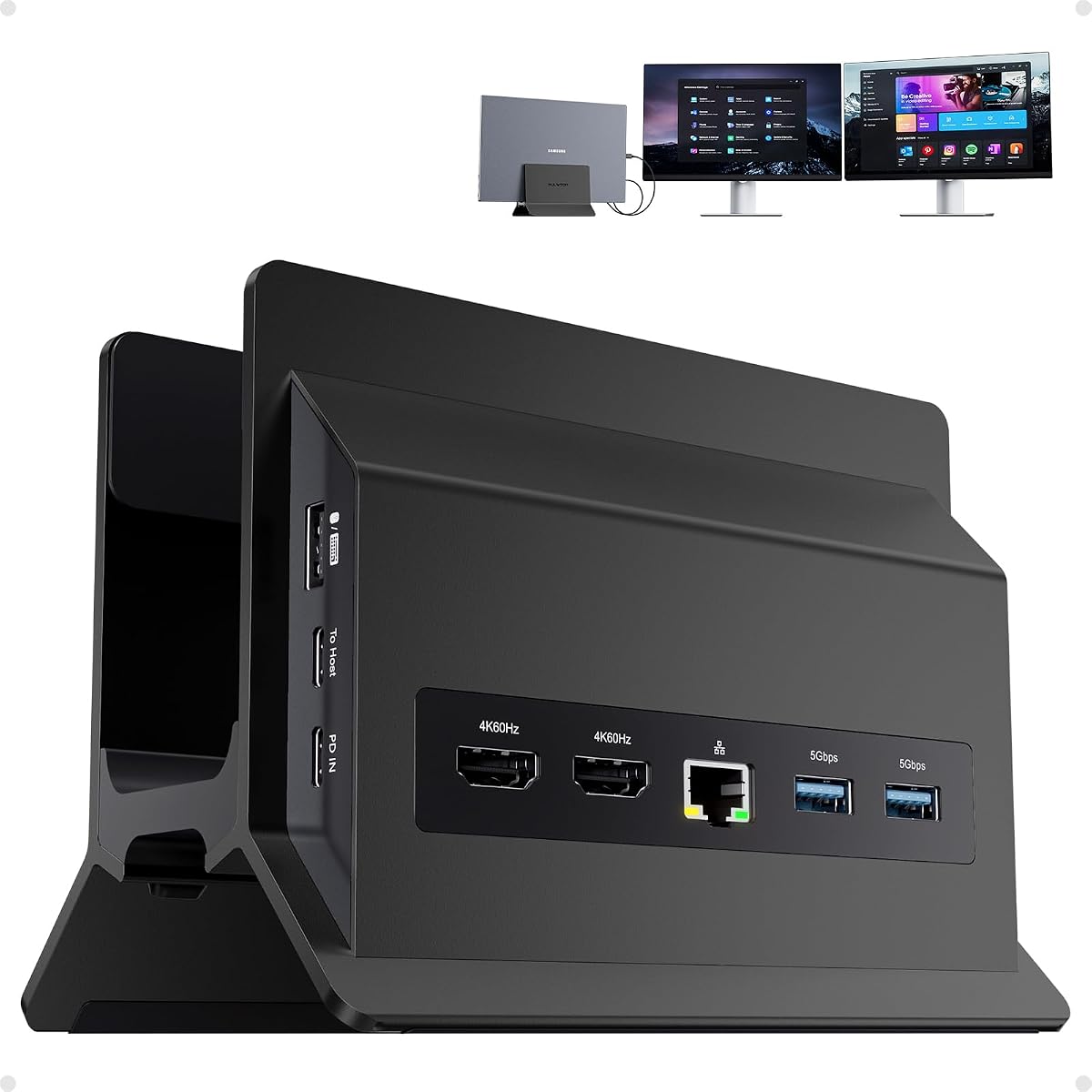 USB C Laptop Docking Station Dual Monitor, 11 in 1 Vertical Dock with 2 HDMI 4K, 3 USB A/C 10Gbps, 2USB-A 5Gbps, USB A 2.0, Ethernet, Docking Station Stand for Type-C Laptops - Black