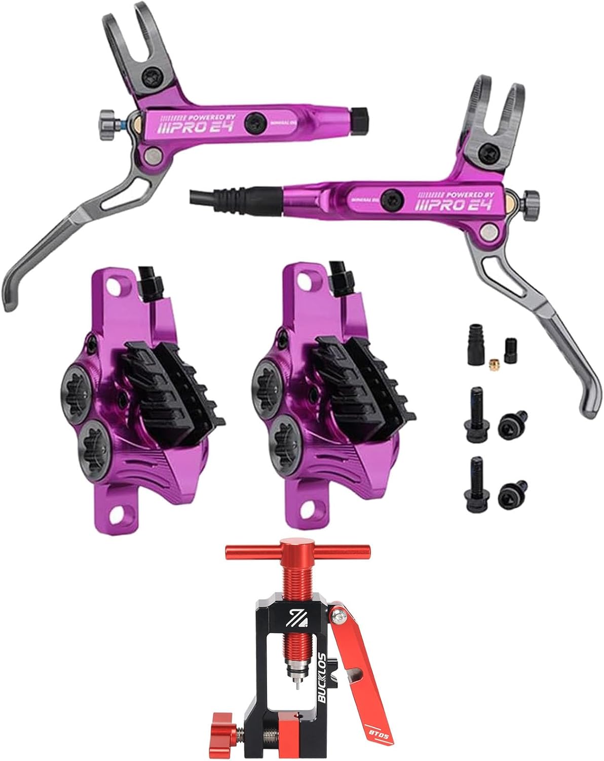 BUCKLOS IIIPRO MTB 4 Pistons Mountain Bike Hydraulic Disc Brake Set Purple Front 800mm and Rear 1550mm with 2 in 1 Needle Driver Insertion Tool with Mineral Hose Cutting Tools