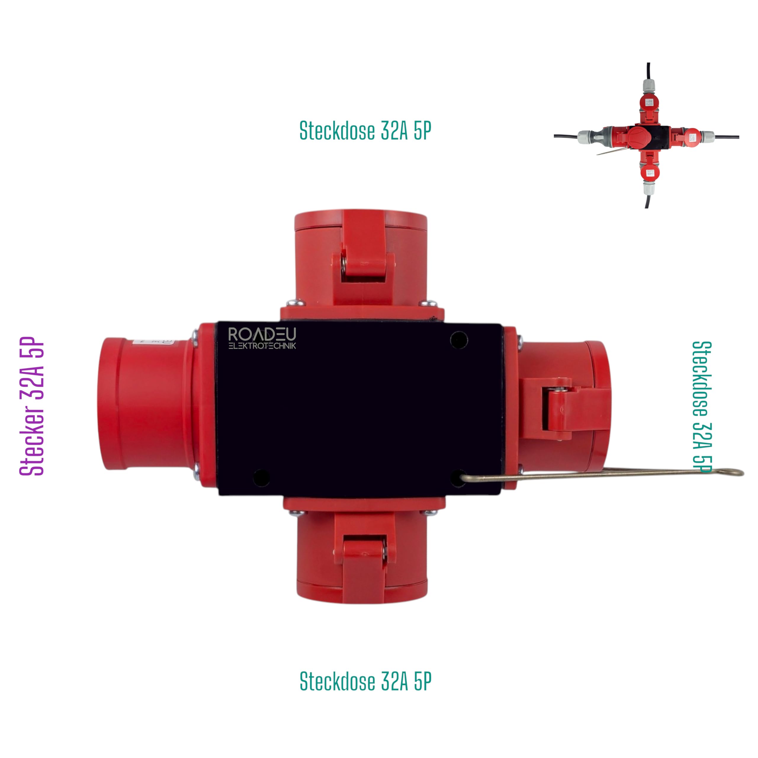RoadEu Distribuidor de corriente CEE 32 A 5 pines macho 3 enchufes 32 A 5 p 400 V IP44 móvil robusto
