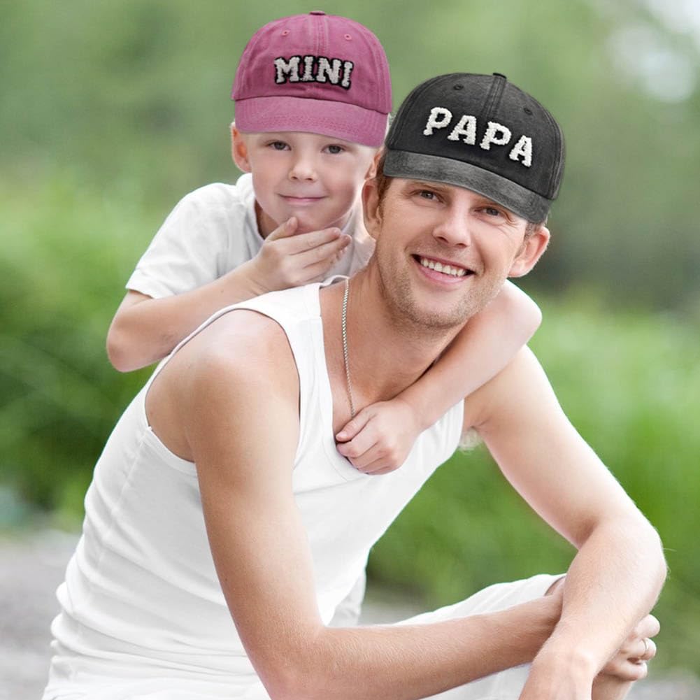 Mama Papa e Mini Cappelli, Regolabile Vintage Cotone Ricamato Genitore Bambino Baseball Capelli, Set di 3 Cappelli Famiglia Abbinati