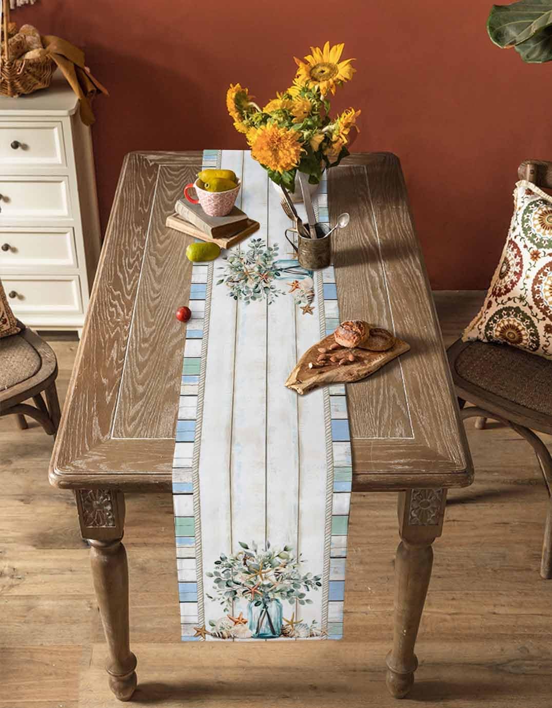 Shell Table Runner Eucalyptus Leaf Vase Flower Starfish Vintage Wood Texture Table Runners Dresser Scarves Kitchen Dining Table Decoration for Home Farmhouse Party Holidays 13"x72"