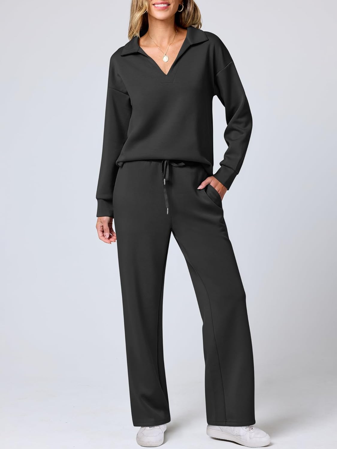 ANRABESS Women's 2 Piece Outfits Lounge Sets Casual Long Sleeve Sweatsuits Polo Top Wide Leg Pants Fall Sweat Matching Sets - Image 9