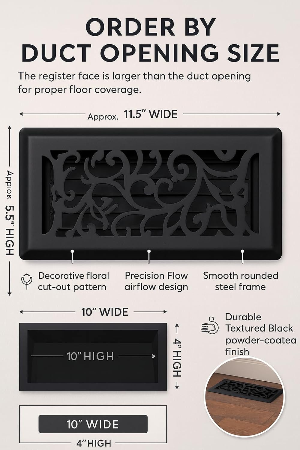 5 Pcs, Sierra Grates Precision Flow 4"x10" Steel Floor Register - Floral Design, Textured Black Finish - Premium Home Vent Covers, Durable & Decorative - Fits 4"x10" Duct Openings, Easy Installation