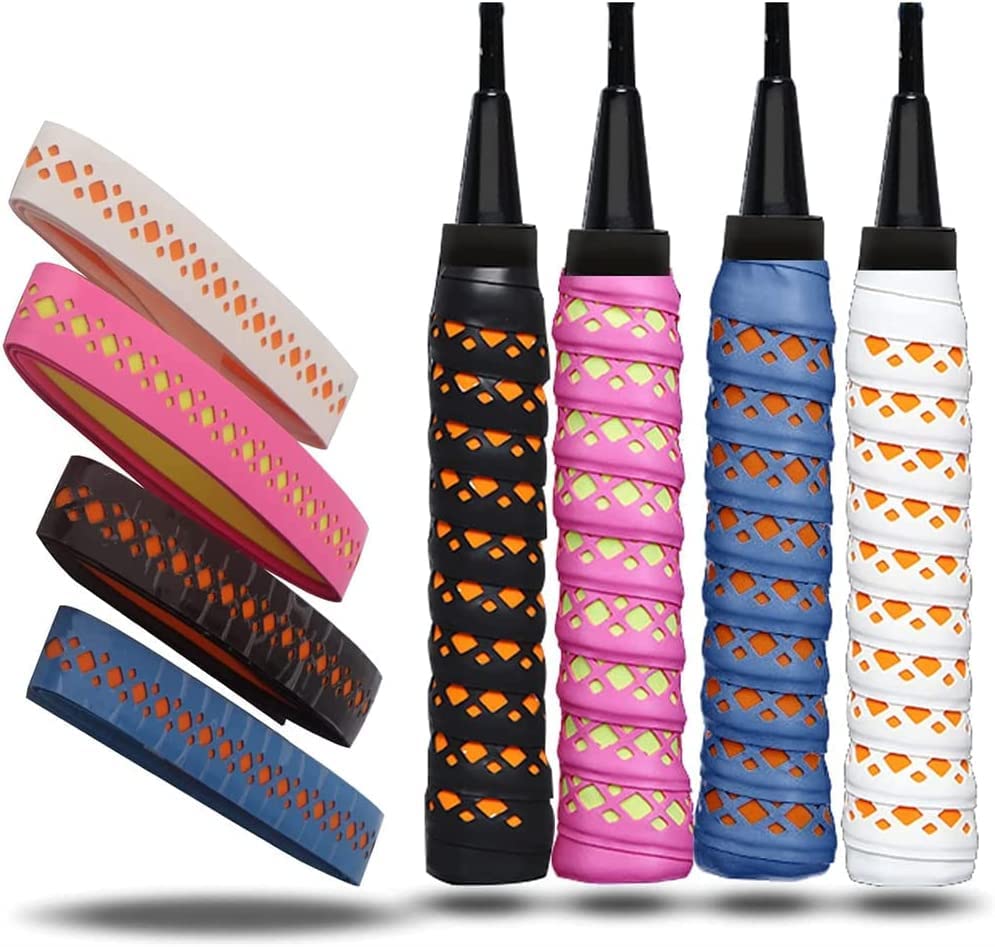 Tennis Racket Grip Tape, Precut and Dry Feel Tennis Grip, Anti Slip & Quick-Dry Squash Grip Tape, Perforated Super Absorbent Tennis Overgrip for High Performance (4 Grips)