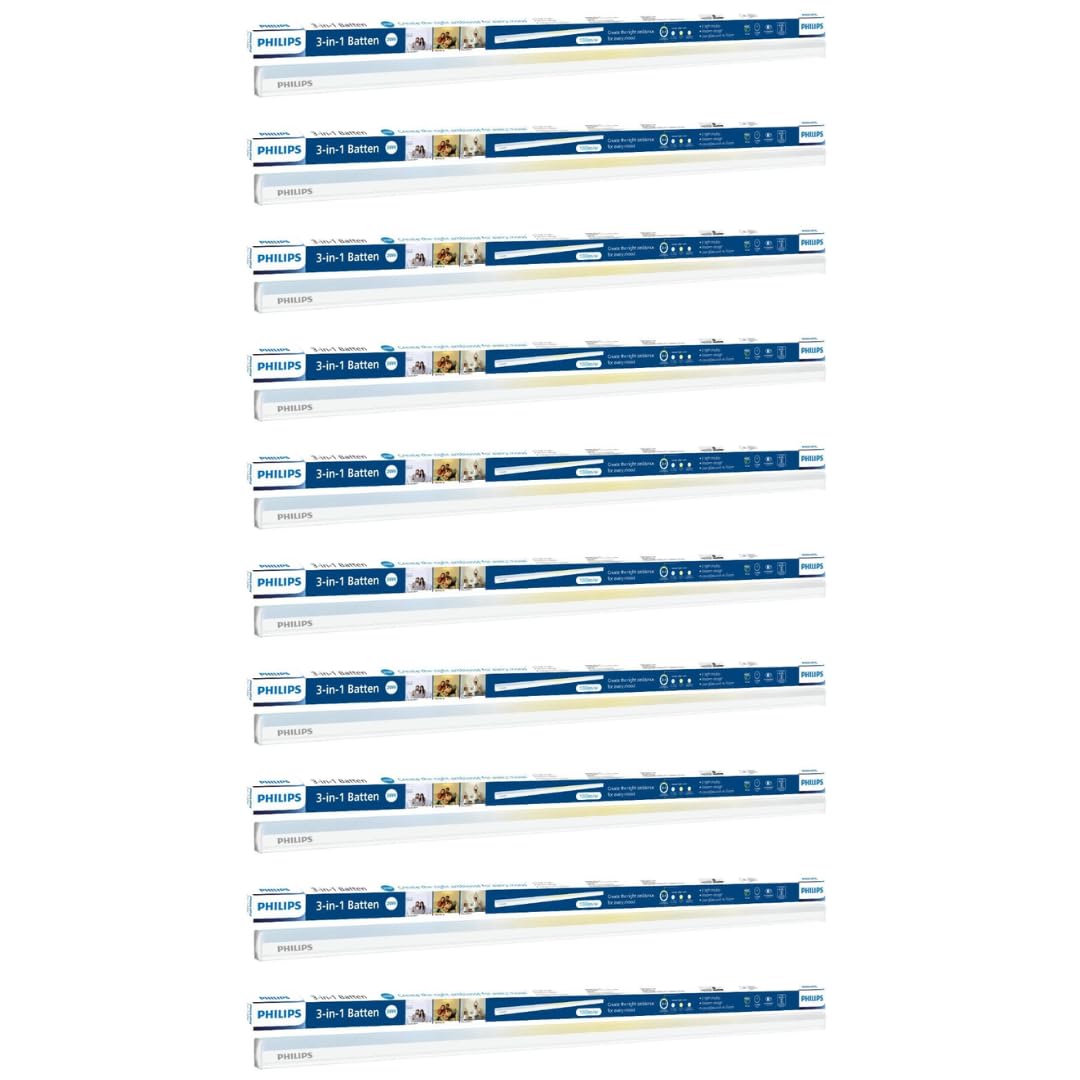 Philips 20W 3 in 1 LED Tubelight | 4ft Mood Lighting LED Tubelight with Three Color Temperatures | Scene Switch Tubelight for Home & Decoration | Color: Tunable White, Pack of 10