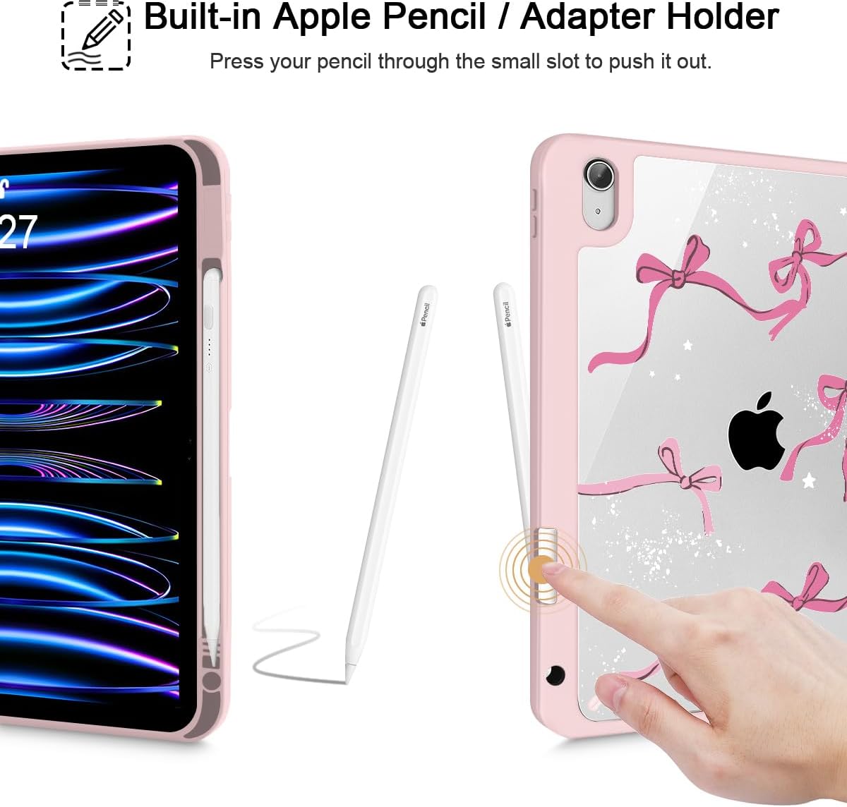 Tuiklol Case for iPad Air 11 Inch M4 2026 / Air 11 Inch M3 2025 / Air 11 Inch M2 2024 / iPad Air 10.9 Inch 2022 2020, Buit in Pencil Holder with Shockproof Cover Clear Transparent Back, Bow-Pink