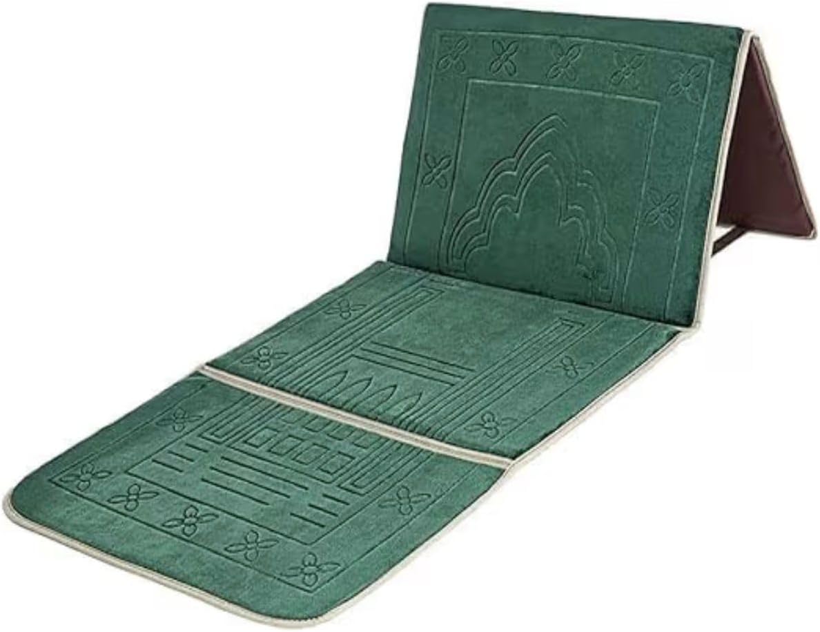 Foldable Prayer Mat with 115° Reclining Backrest – Ergonomic Janamaz with Knee Cushion & Carry Bag – Islamic Back Support Mat for Comfortable Prayer Mat (GREEN)