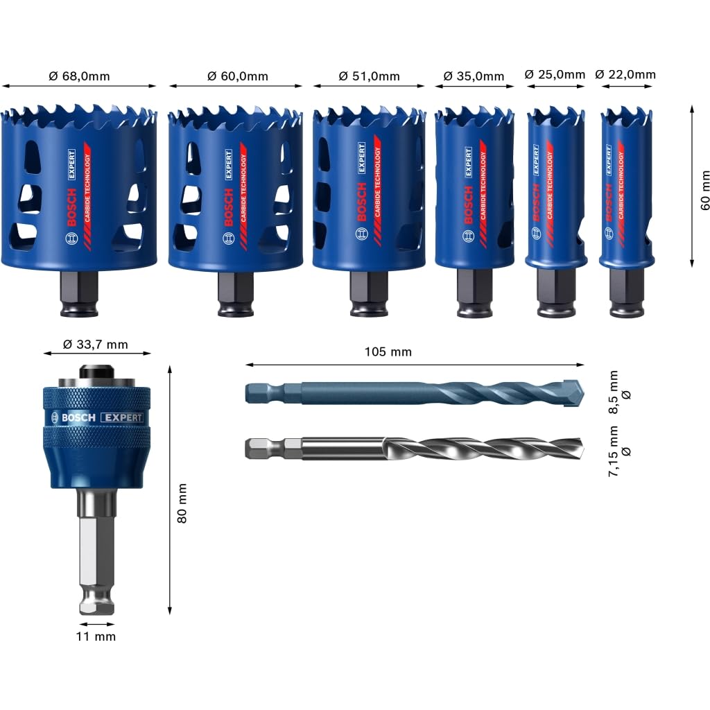 Bosch Professional 9 uds. Set de Sierra de Corona Expert Tough Material (para Madera con metal, Ø 22-68 mm, Accesorios Taladro de impacto rotativo)