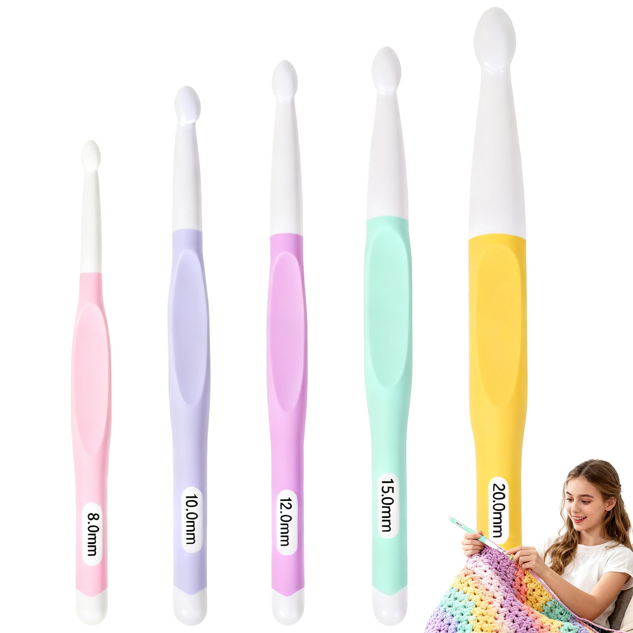 5PCS Large Crochet Hook Set, 8 10 12 15 20mm Crochet Hook Ergonomically Designed for Arthritic Hands Tips for Thick Yarn Chunky Knitting Perfect Blankets Rugs Shawls Arm Crochet Fast DIY Projects