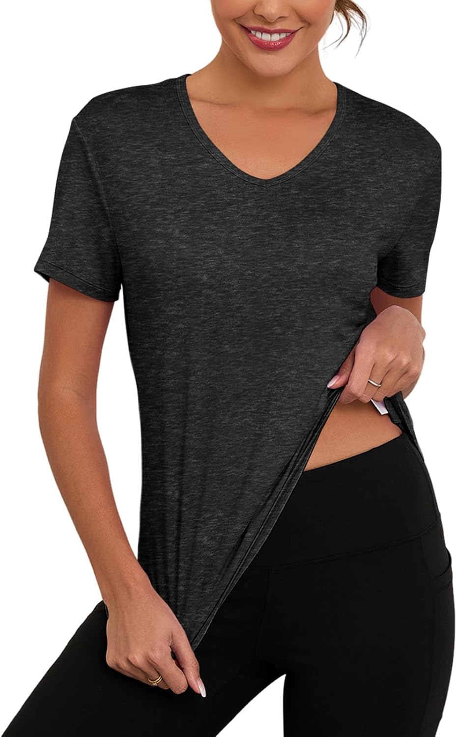 V Neck Workout Tops for Women UPF 50+ Breathable Loose Fit Short Sleeve Tee Shirt Yoga Gym Basic T Shirts