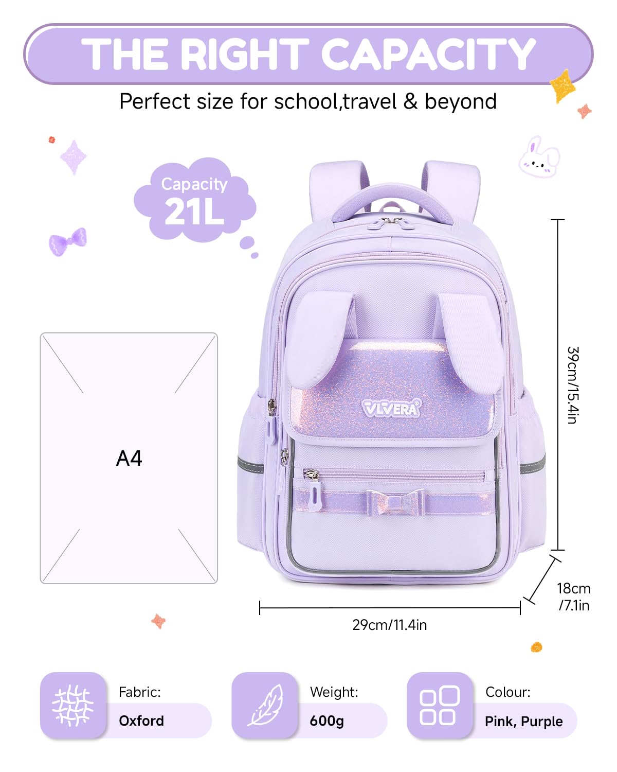 Amythe Schulranzen für Mädchen 1. - 3. Klasse - Leichter Schulrucksack mit reflektierenden Streifen, Wasserabweisend & Ergonomisch - Perfekt für Grundschüler 7-10 Jahre, Lila