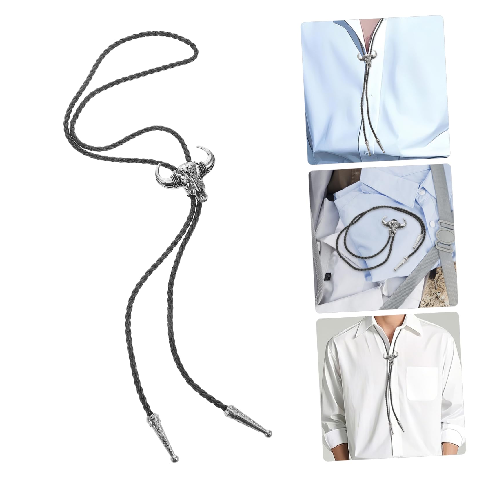 Bolo Tie Adjustable Bull Shaped Western Necklace for Men and Women Faux Leather Unique Design for Outfits and Various Occasions