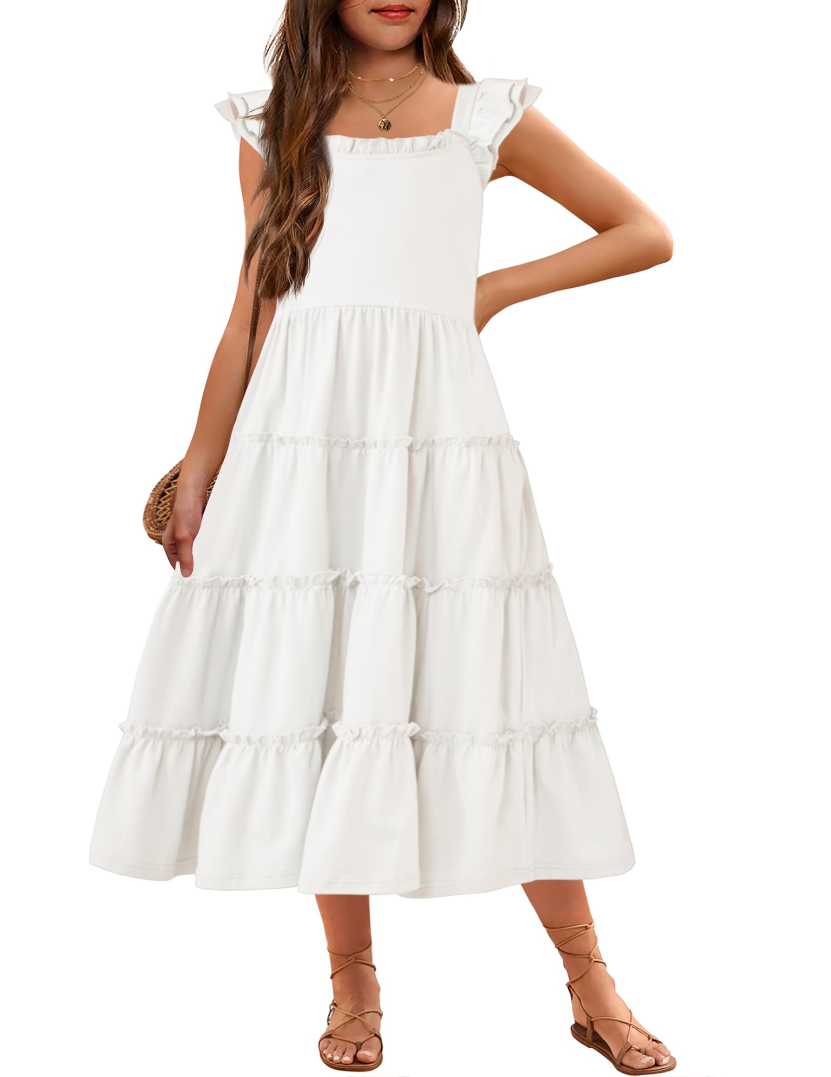 Arshiner Girls Maxi Fashion Short Flutter Sleeve Casual Dress with Pockets for 4-14 Y