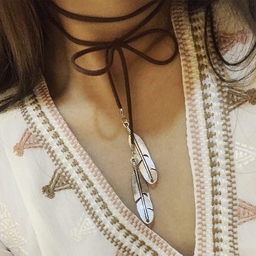 Miniatura 5 de Doubnine Gargantilla de plumas bohemia, versátil, de gamuza vegana, Lariat, gótico, marrón, negro, accesorios para mujer (cordón marrón + pluma de