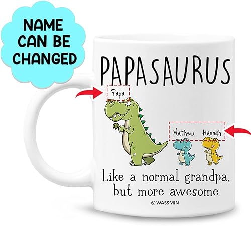 Miniatura 6 de Wassmin Taza personalizada de Papasaurus, tazas de café de dinosaurio, nombres personalizados para nietos, regalos de cumpleaños y Navidad para el