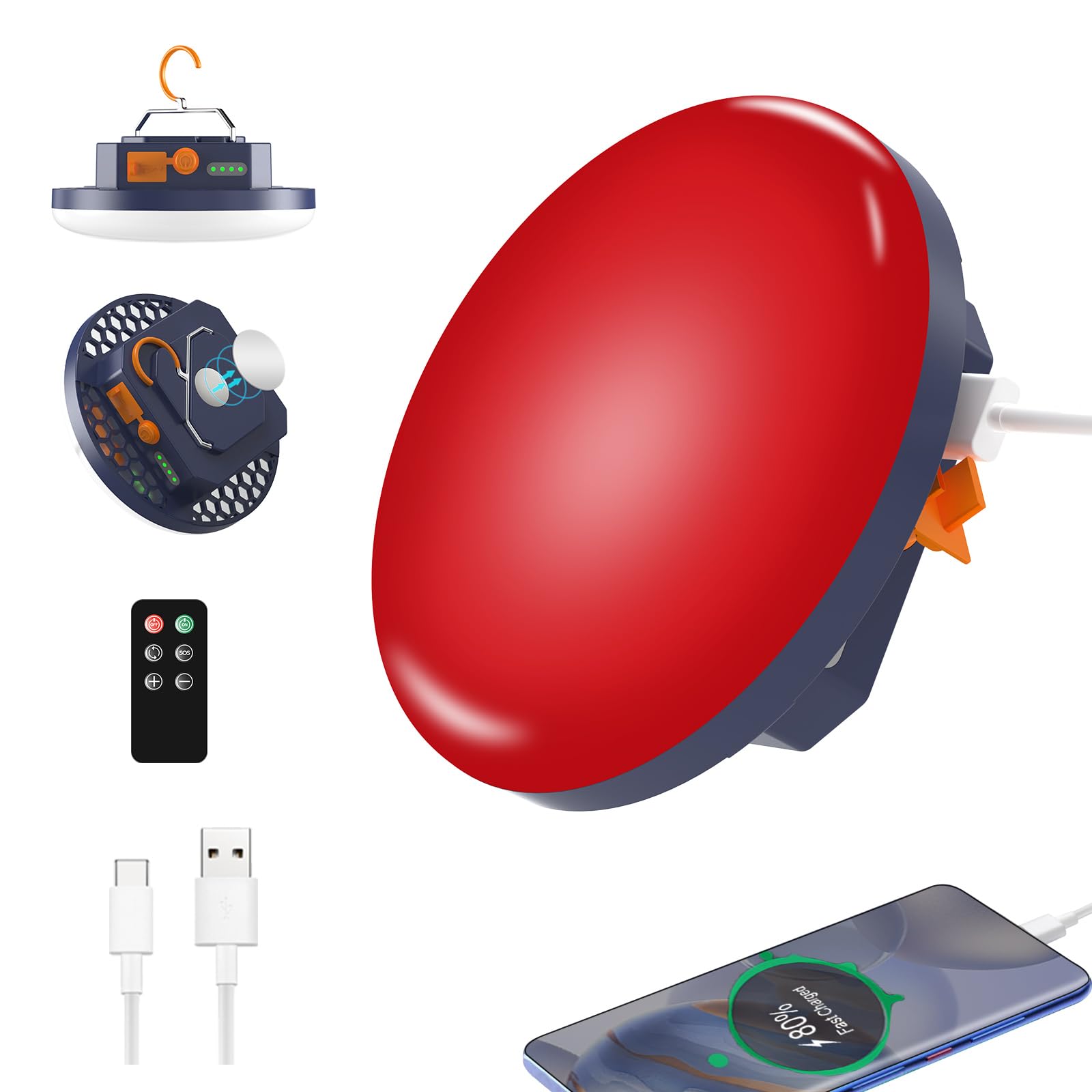 2025 Red Light Insect-Proof Camping Lamp10000mAh Rechargeable 3000LM Tent Camping Light, 6500K 24Hours Long Play Time , Outdoor Night Market Night Fishing Lantern (Remote)