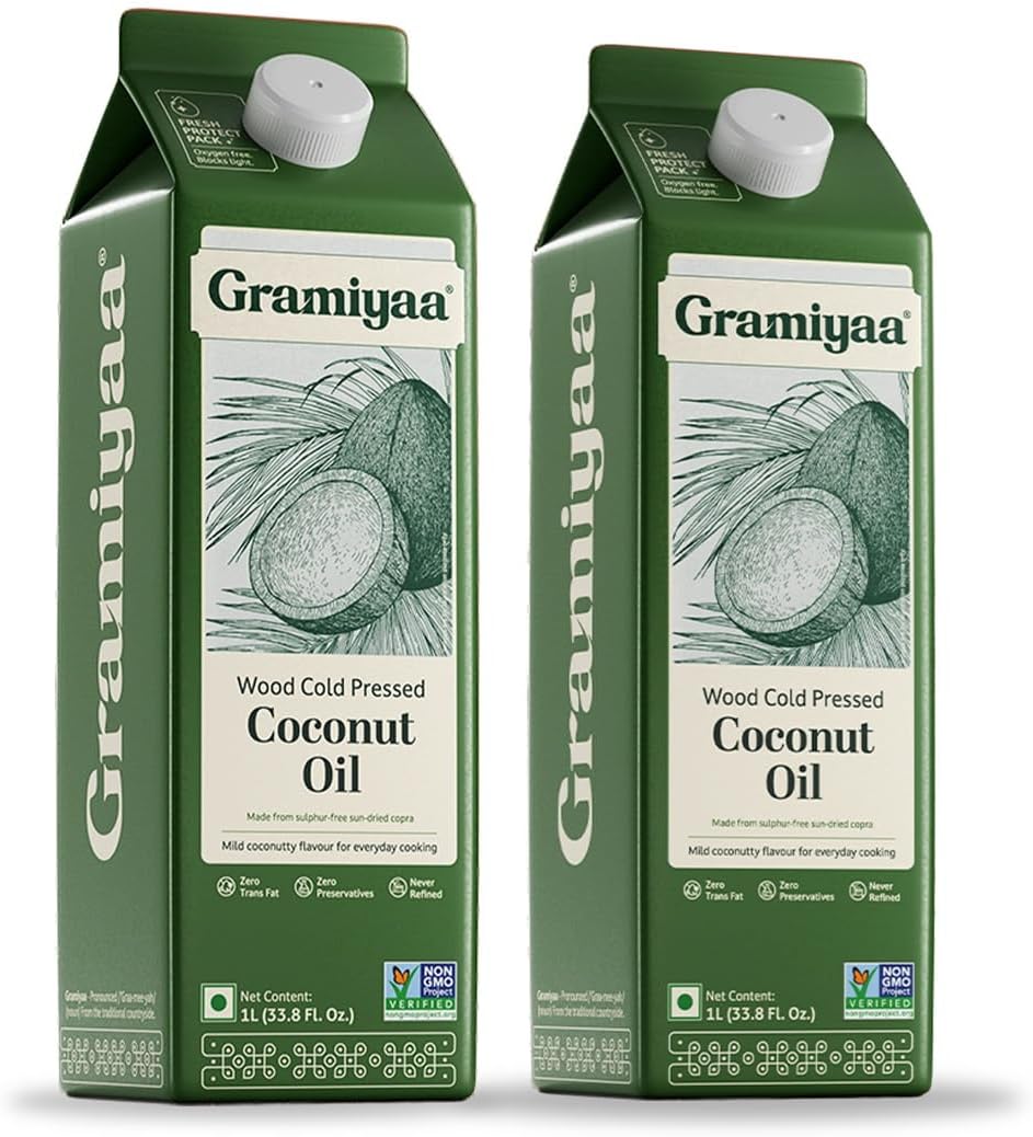 Gramiyaa Cold Pressed Coconut oil 2 Litre | Traditionally Extracted | Chemical-free, Zero Trans-fat Cooking oil | Unrefined | Kachi Ghani Coconut oil for Cooking