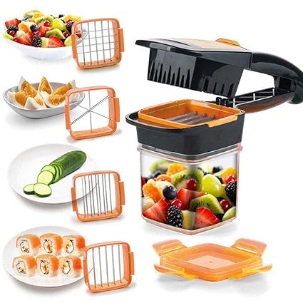 Orange Enterprise 5 in 1 Multifunction Vegetable Cutter Manual Vegetable Quick Dicer Fruit Chopper Slicer Non-Skid Base Slicer and Chopper