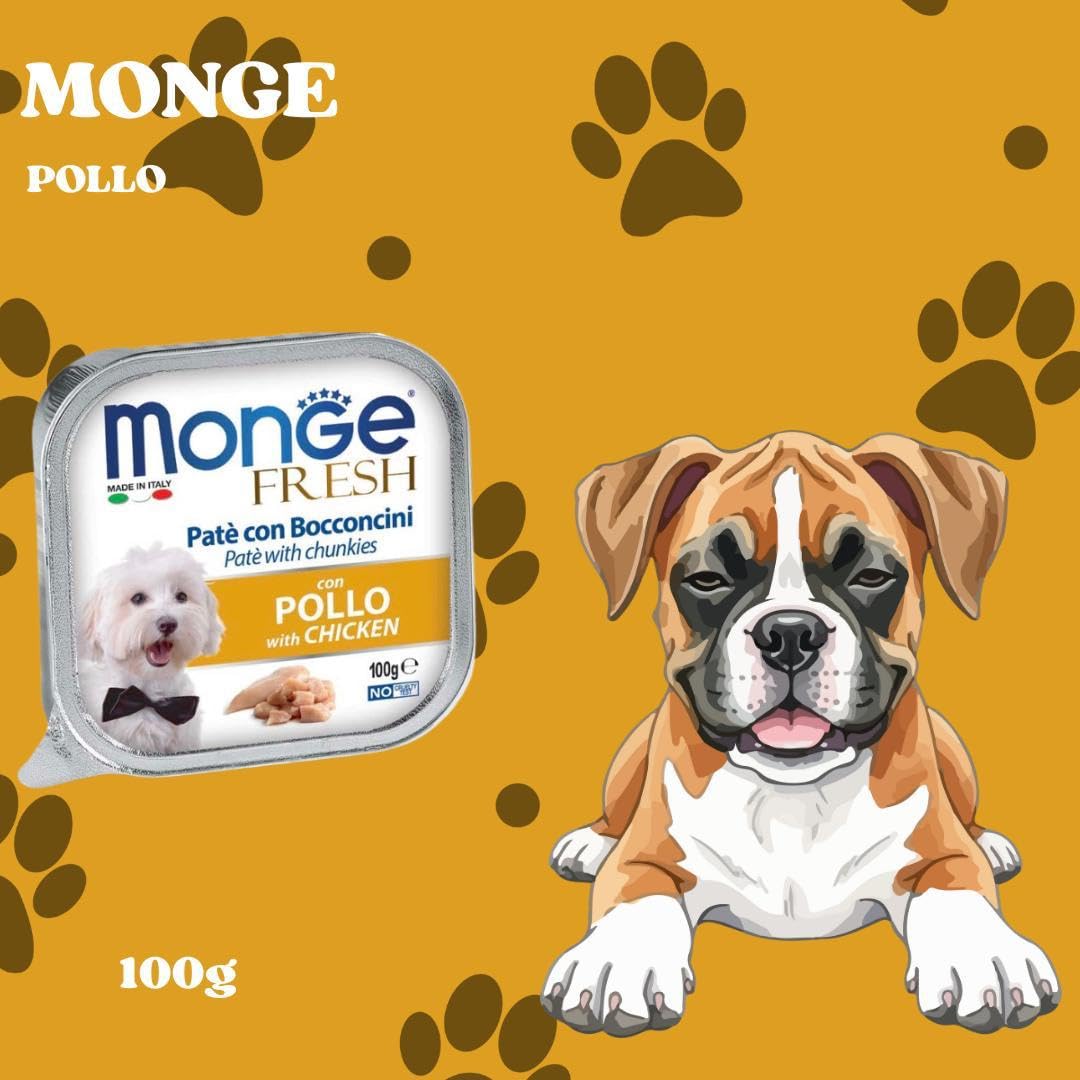 Monge Fresh perro húmedo para perros de todos los tamaños y razas, paté con bocados sabor pollo | 32 latas de 100 gramos cada una.