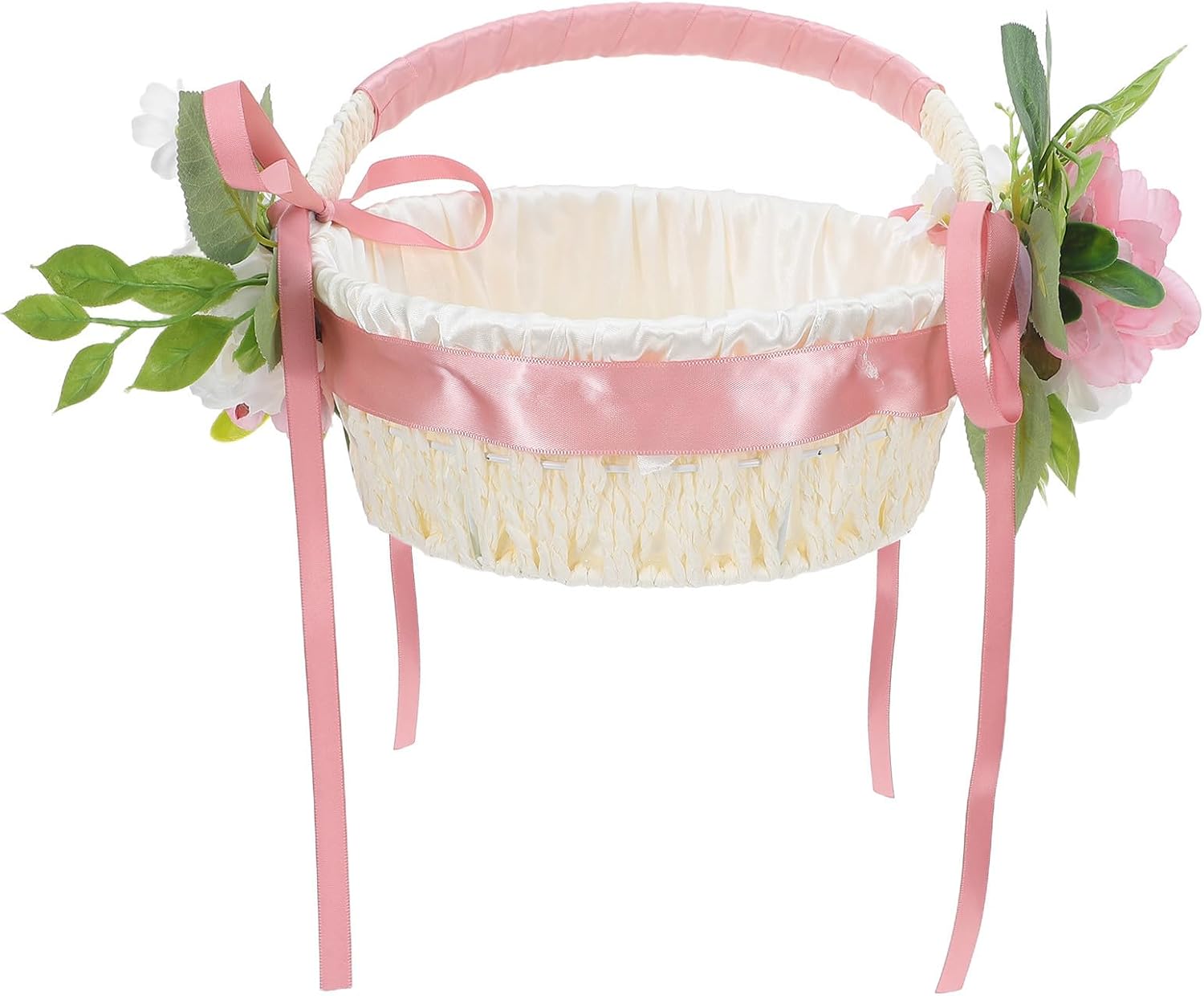 Romantic Wedding Flower Girl Basket with Handle and Liner, Small Pink Cloth and Ribbon Petal Basket for Wedding Ceremony and Outdoor Party Supplies
