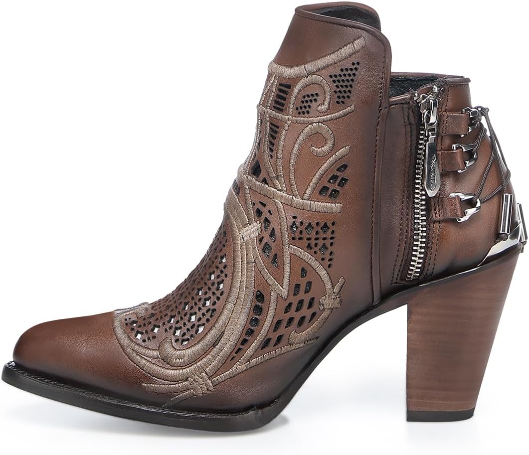 Cuadra Women's Bootie in Genuine Leather with Embroidery and Zipper Brown, 3F48RS - Image 4