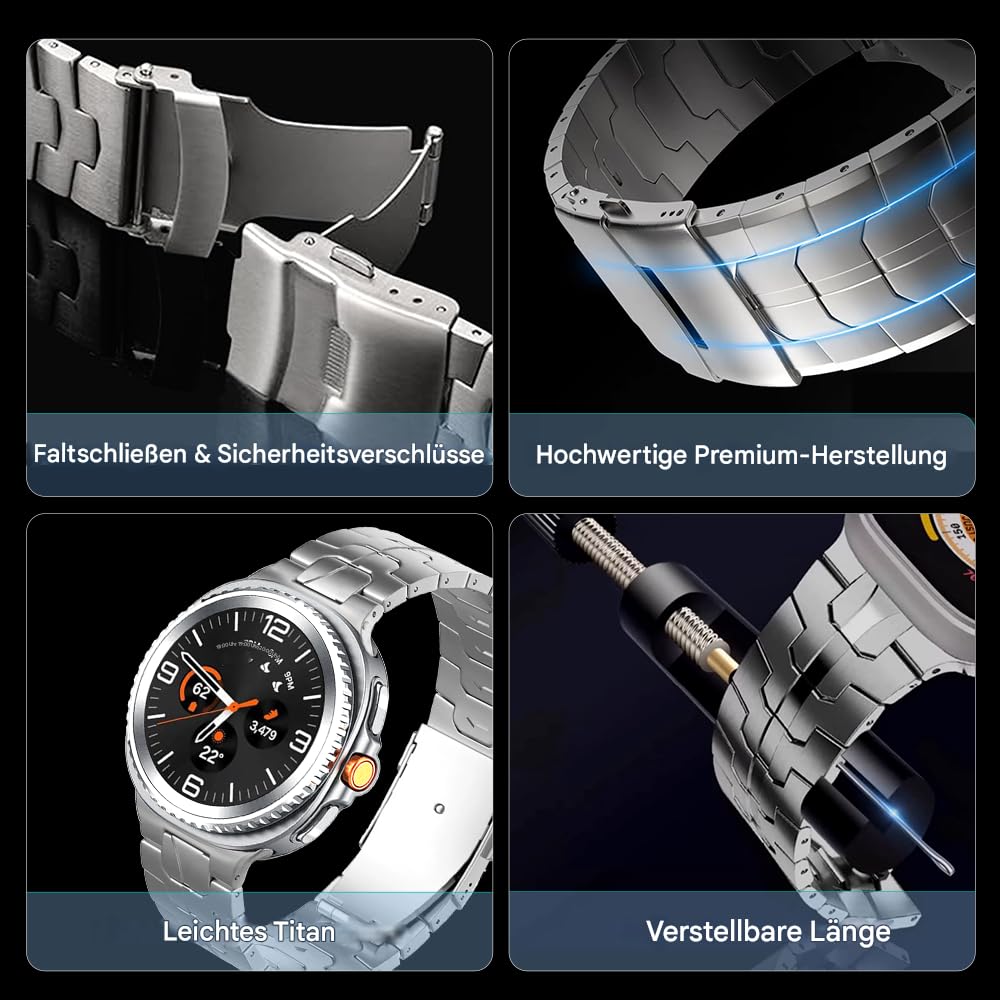 Bracelet de montre en métal titane compatible avec Samsung Galaxy Watch 8 40 mm/44 mm/8 Classic 46 mm 2025, Galaxy Watch 8 pour homme et femme