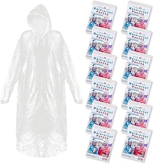 Ember Rock Disposable Rain Poncho, Set of 12, Emergency Poncho, Disposable Rain Cape, Transparent with Drawstring Hood and Elastic Sleeves, for Men and Women, One Size, clear