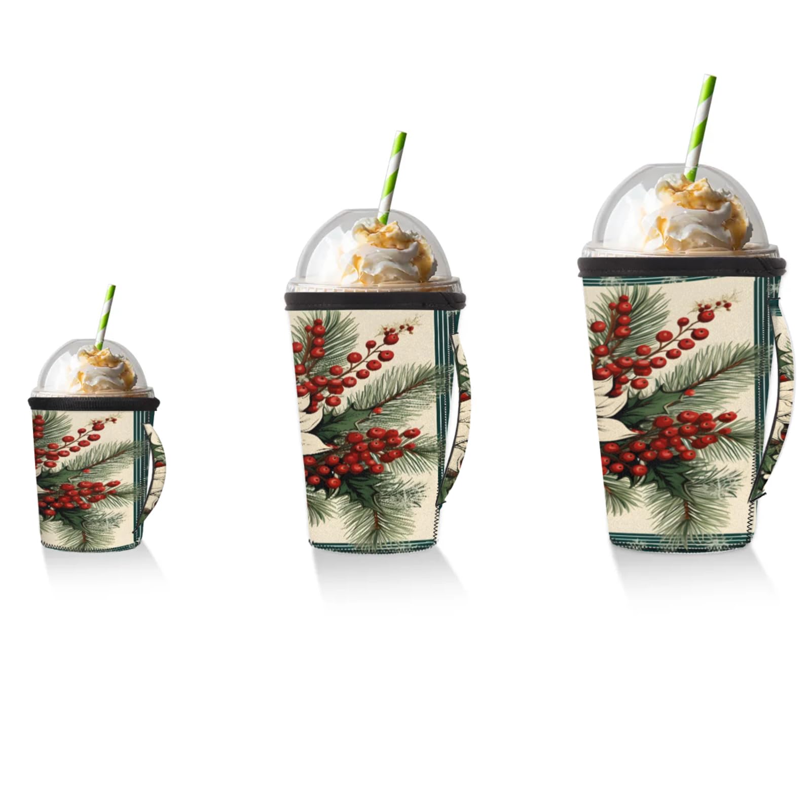 Christmas Flower Fruit Snowflake Reusable Neoprene Coffee Sleeve with Handle Insulated Iced Coffee Cup Holder Reduces Condensation Fits 24-28 oz Cups M