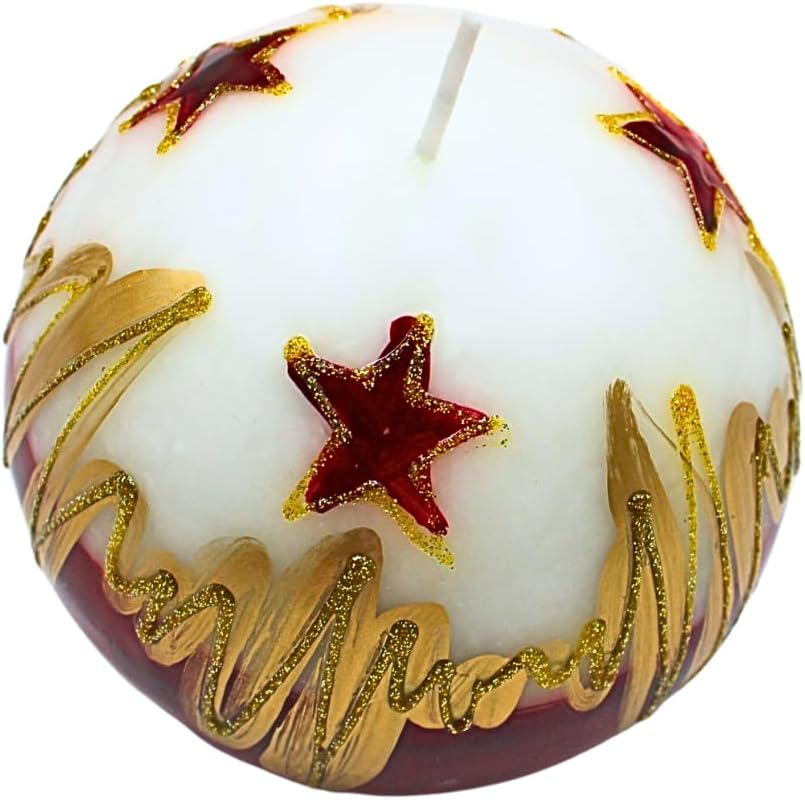 Elegant Ball Candle, Table Candle, Decorative Candle, Wax Candle with Christmas Motif, Christmas Candle as a Ball, 10 cm Christmas Star, in White, red and Gold.