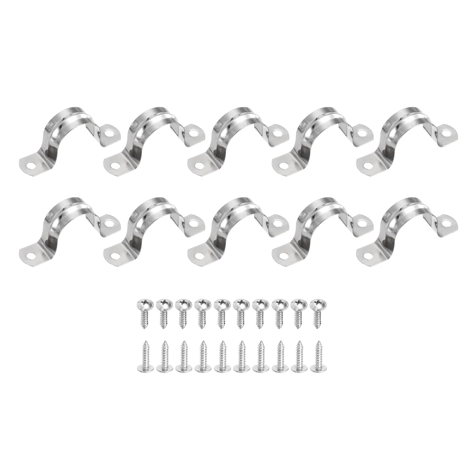 sourcing map 10Pcs 32mm(1-1/4") 304 Stainless Steel Rigid Pipe Strap, Two Hole Strap U Bracket Heavy Duty Pipe Conduit Clamp with Self-Tapping Screws for Hose Wire Cord Installation, Silver