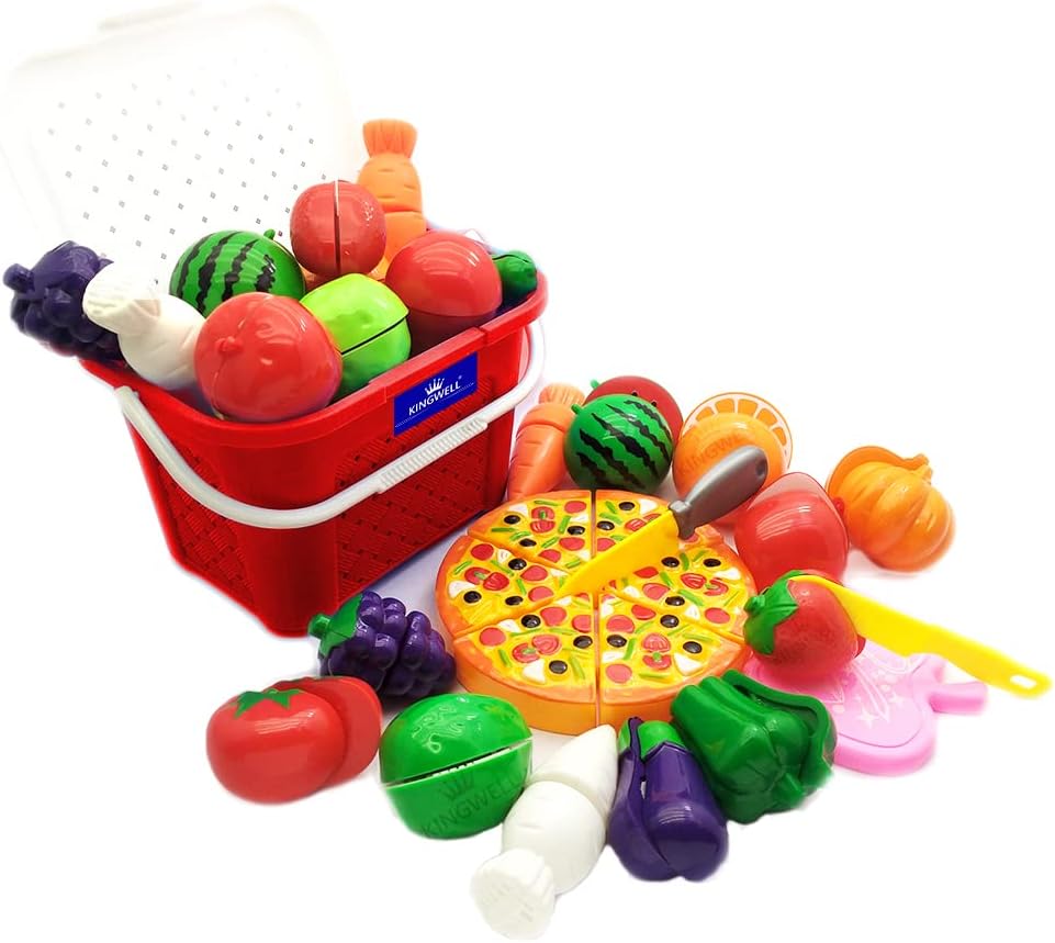 Kingwell Realistic Sliceable Cutting Fruits and Vegetables Play Educational Toys with Basket and Pizza Set for Kids,Plastic,Red
