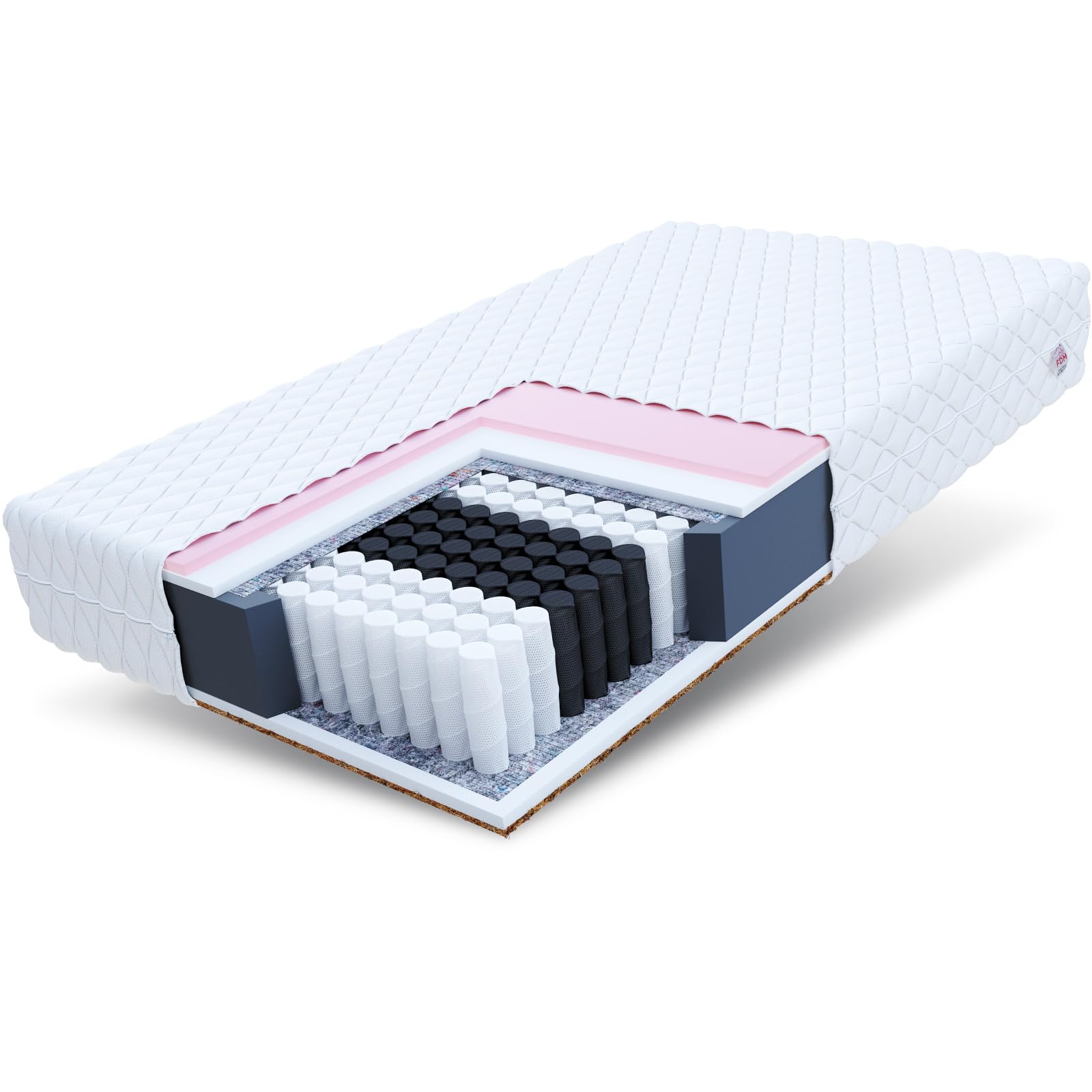 FDM Reggio Pocketveringmatras, 120 x 200 cm, hardheid H2/H3 (middelzacht/ middelhard), 26 cm hoogte, 7 zones, kokosmatras, thermoplastisch visco- schuim, tweezijdig, afneembaar, wasbaar