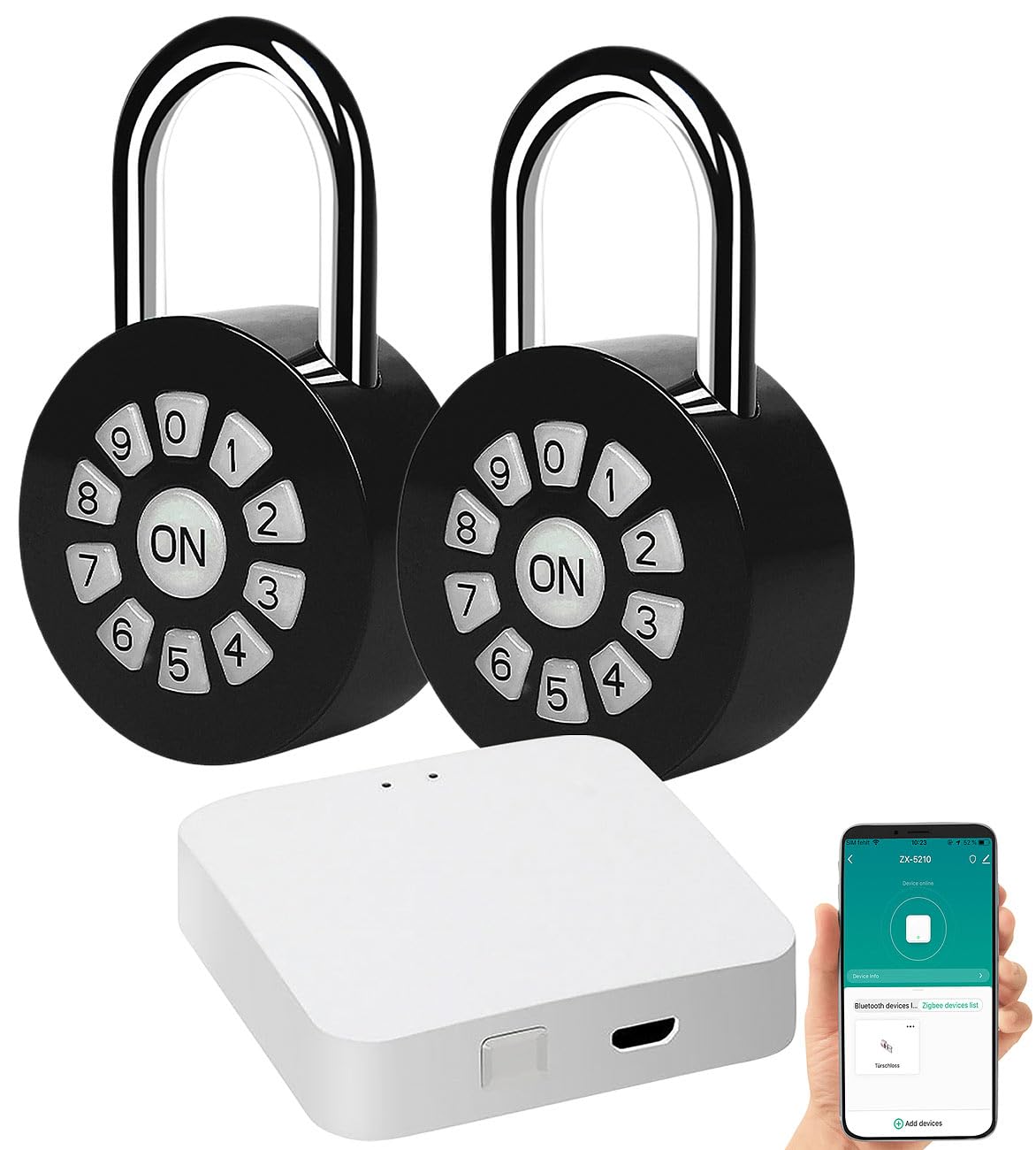 Xcase Kellerschloss Bluetooth: 2er Metall-Vorhängeschloss mit Zahlencode und App, IP65 + Gateway (Gateways, Bluetooth, Passwortschloss, Home)