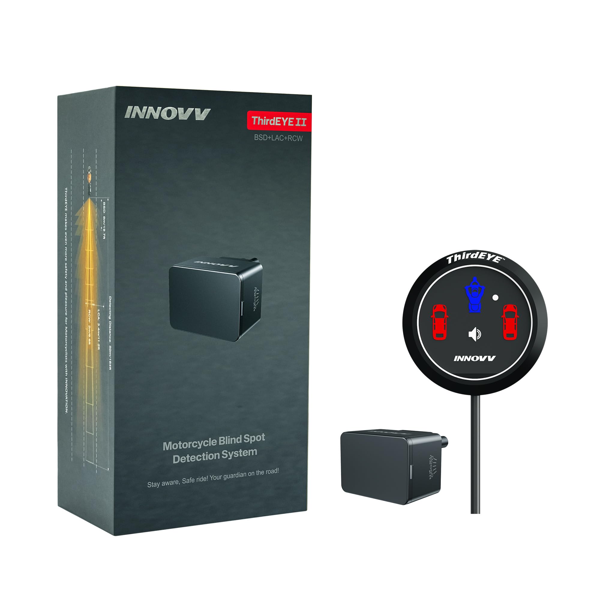 INNOVV ThirdEye Motorrad Toter-Winkel Assistent mit ak, und opt, Alarm, Wasserdichtes Motorrad Assistenzsystem erkennt Gefahren von der Seite und Hinten, Für Motorräder, E-Bike (Version ansehen)