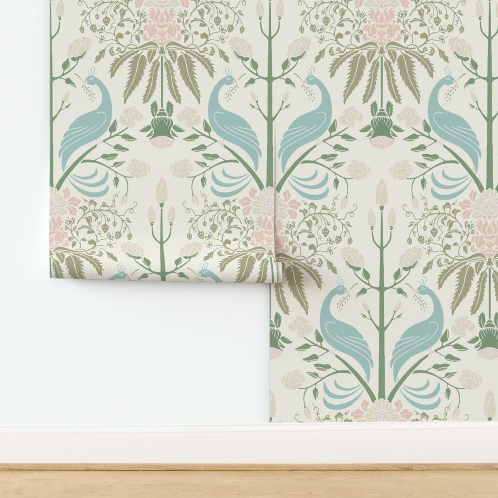 Spoonflower Removable Wallpaper 6ft x 2ft - Birds Floral Damask Bird Flower Cream Peach Peacock Sage Custom Pre-Pasted Wallpaper