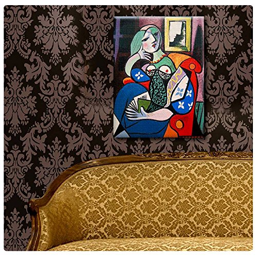 Alonline Art - Woman With Book By Pablo Picasso | Framed Stretched Canvas On A Ready To Hang Frame - 100% Cotton - Gallery Wrapped | 12"X16" - 30X41Cm | Wall Art Home Decor For Living Room Paint Hd #TOP4