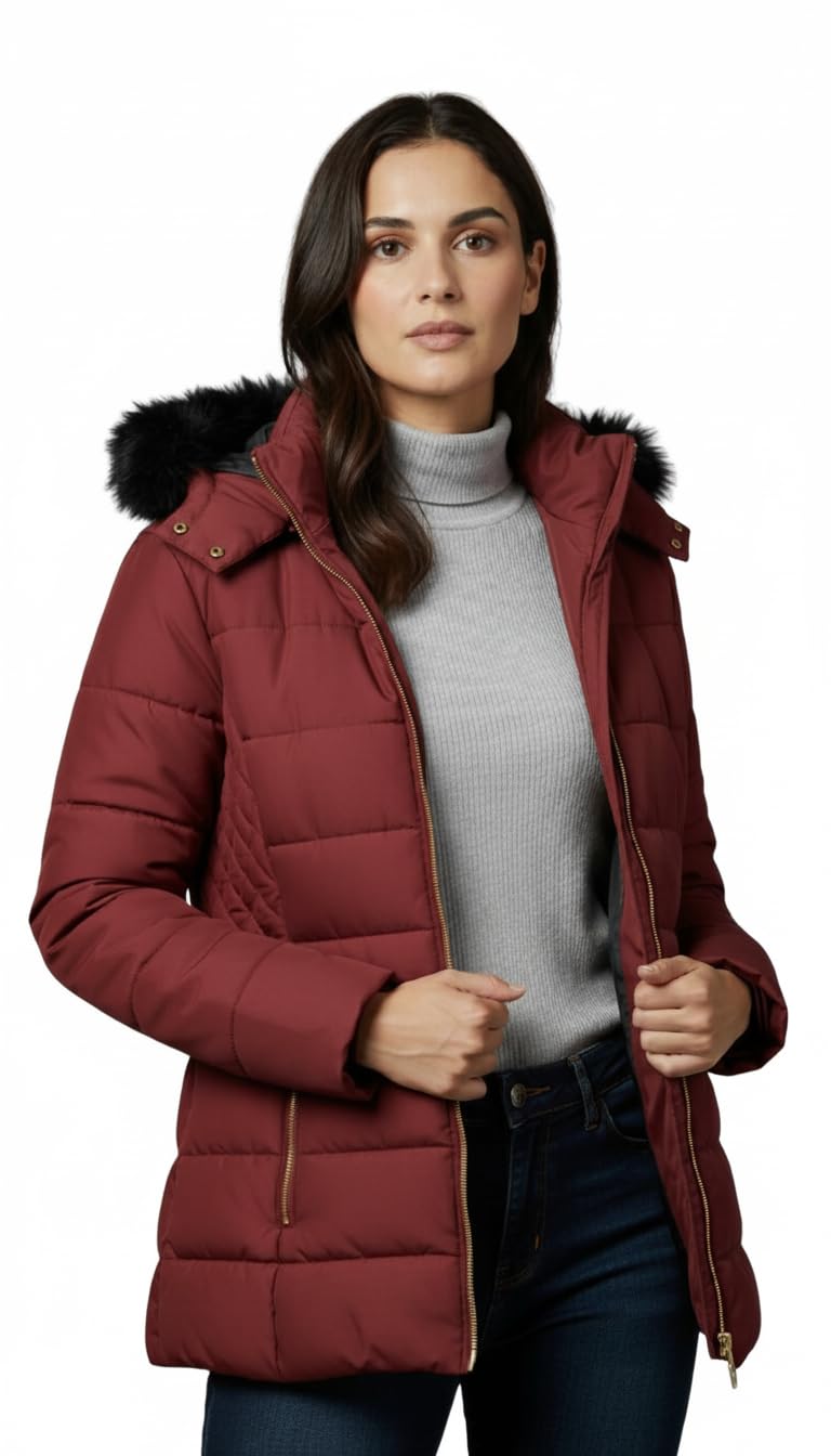 Women’s Winter Puffer Jacket with Hood | Automan Fabric Quilted Warm Jacket for Women | Full Sleeve Zipper Jacket for Cold Weather