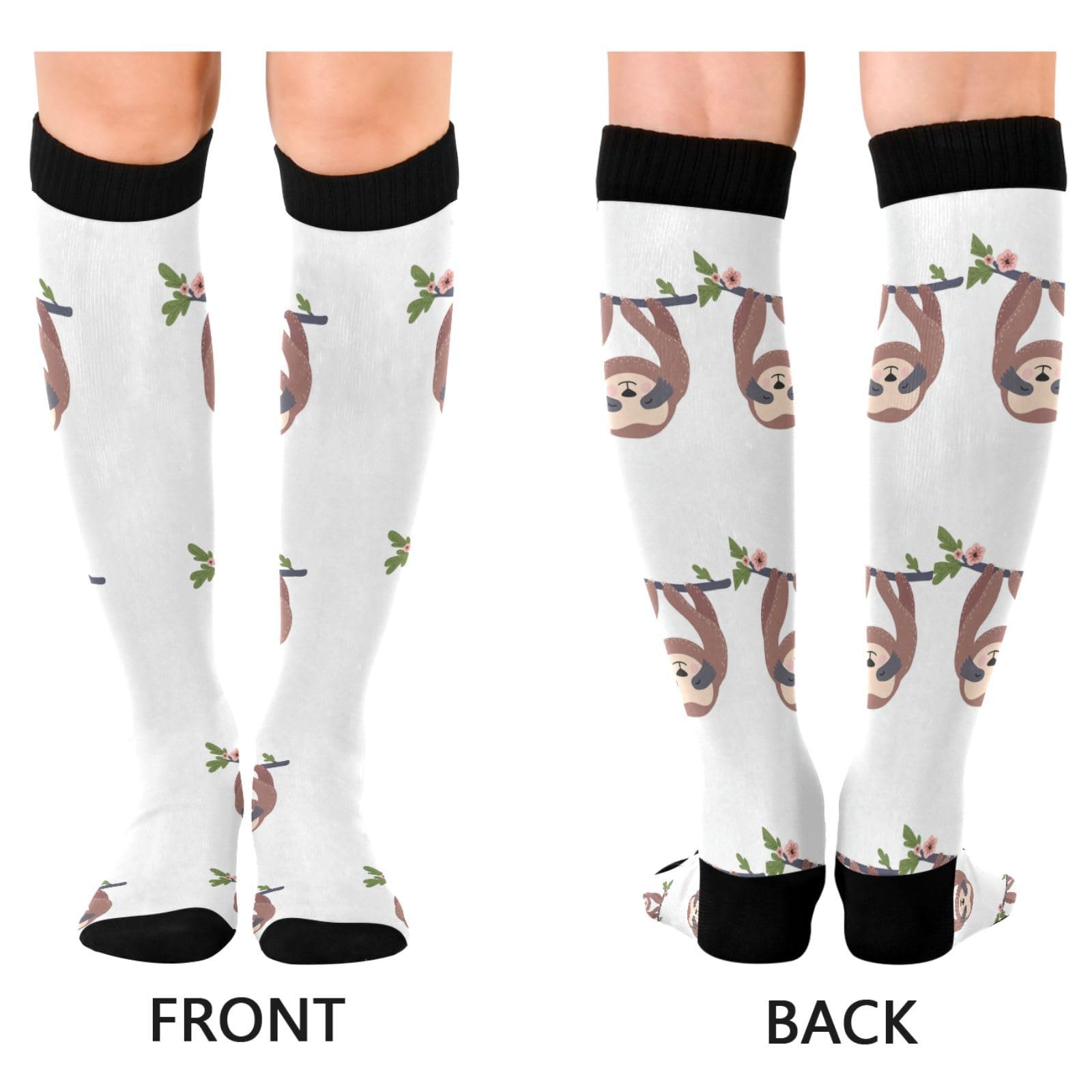 1 Pair Unisex Compression Crew Knee Soft Circulation Socks High Sock Long Athletic for Running,Travel,Cycling Print Sloth On Tree Trunks Seamless On White