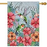Hzppyz Welcome Spring Summer Decorative House Flag Hummingbird, Garden Yard Outdoor Big Burlap Bird...