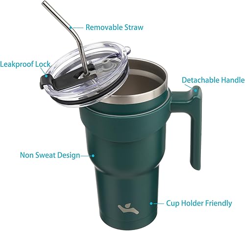Miniatura 2 de Vaso de 40 onzas con asa y 2 pajillas, 2 tapas, botella de agua aislada de acero inoxidable al vacío, taza de viaje reutilizable, verde militar