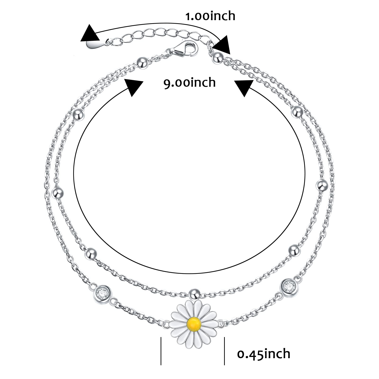 DAOCHONG Tobillera de plata de ley 925 con perlas y flores, cadena ajustable para el tobillo como regalo para mujer (margarita_9+1 pulgadas)