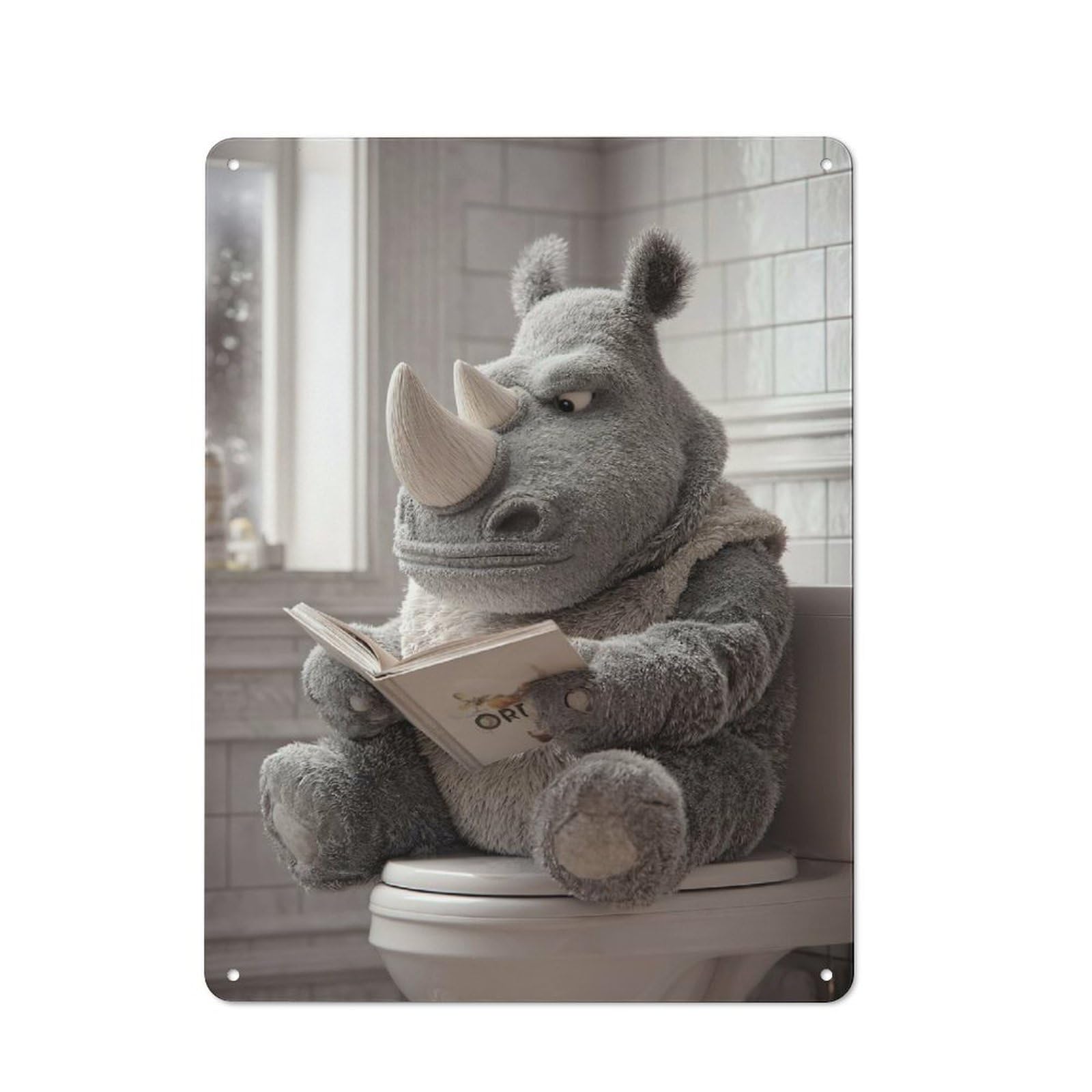 Junmoney Style-19 Metal Wall Sign 40X30cm Featuring Rhino Reading On Toilet For Hallway Wall, For Hallway Decor Lovers, For Retro Home Interiors