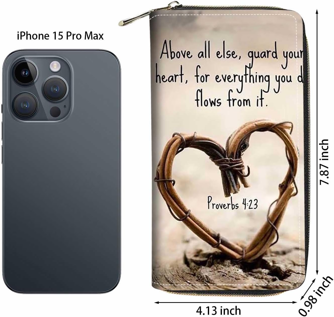 Women's Quote Bible Verse Proverbs 4:23 PU Leather Zipper Wallet, Large Capacity, 8 Card Slots, 2 Cash Slots, 1 Phone Holder, Black, Minimalist Stylish, Compact - Image 6