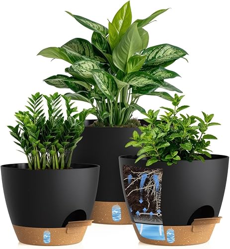 Self Watering Pots with Drainage Holes, 3 Pack 12/10/8 Inch Plant Pots with Water Level Indicator Deep Reservoir, Large Plastic Planter for Indoor Outdoor Plants - Black Brown