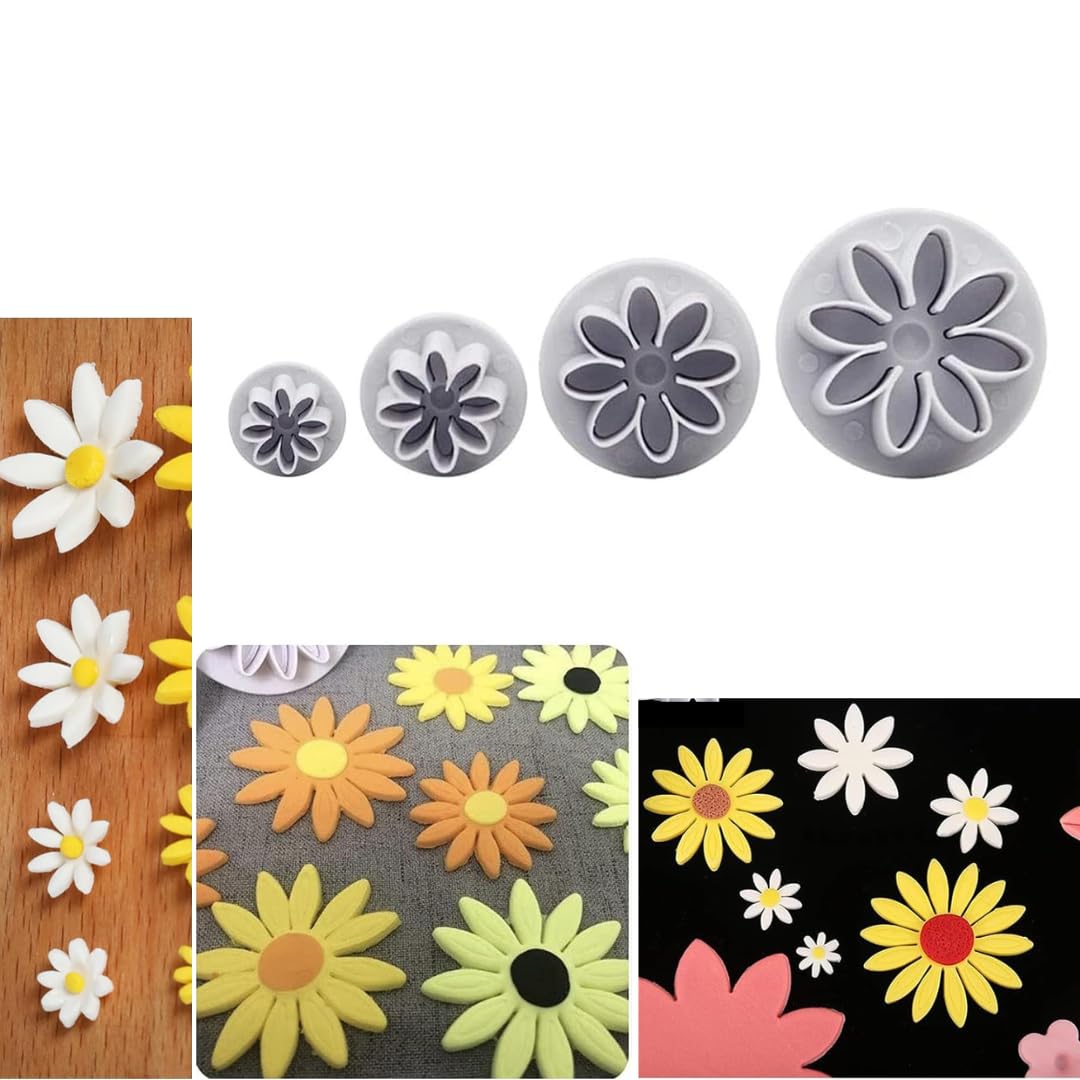 LEGACYCART 4PC Chrysanthemum 8Petals Daisy Plunger Cutter Gerbera Cutting Set Cookie Cutter Fondant Embossing Tool Plunger Sunflower Cake Cutter Sugarcraft Cake Decoratingt Plunger Cutters Sugarcraft
