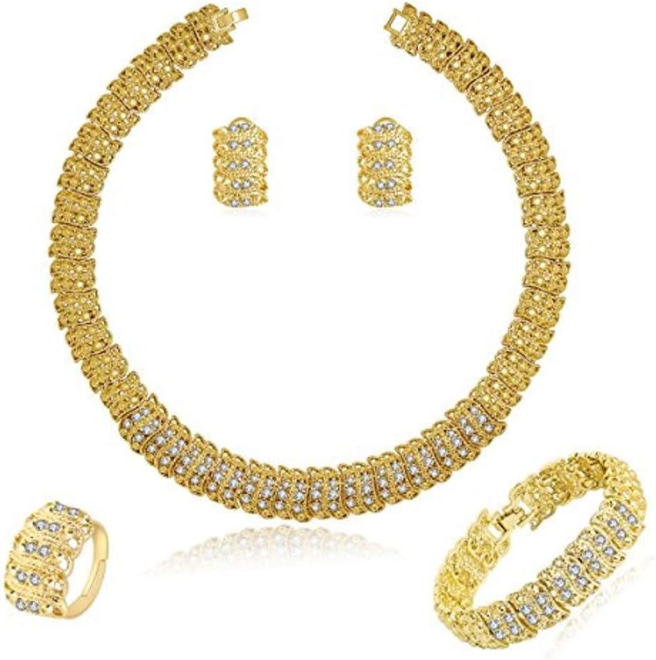 MOOCHI 18K Gold/Silver Plated Shinning Wide Necklace Crystal Jewelry Sets Necklace Earrings Bracelet Ring